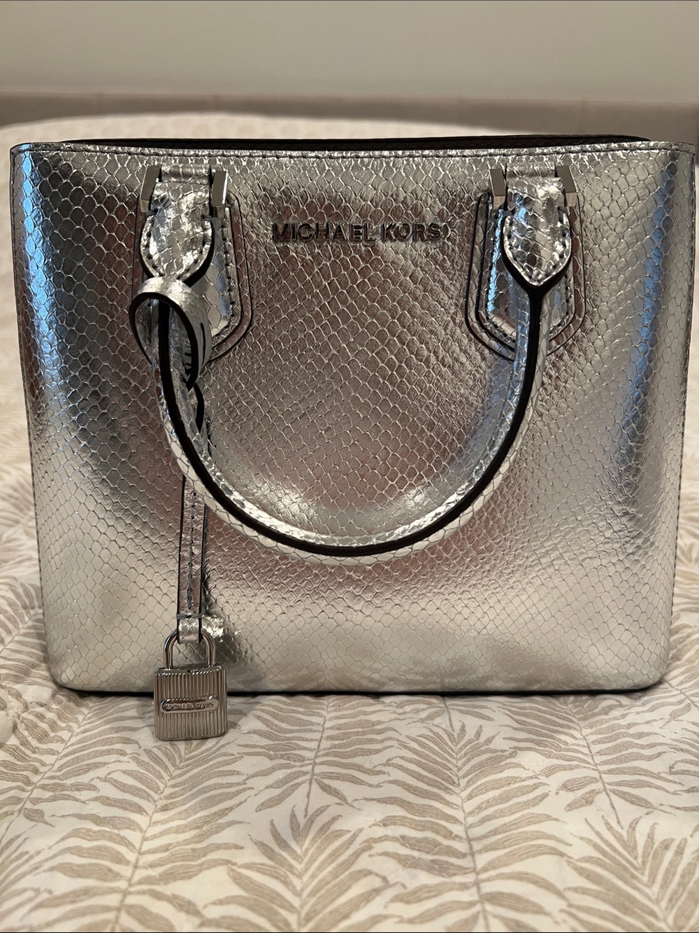 Small Michael Kors Metallic Silver Satchel with Snake-Embossed Finish